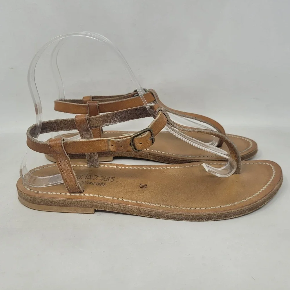 K.Jacques Sandals EU38 US7 Brown Leather T-Strap Gladiator Flat Resort Vacation